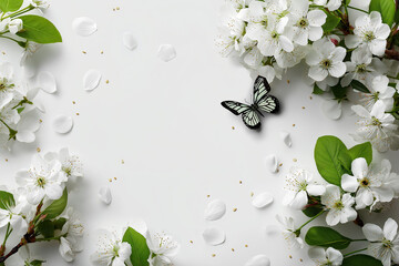 white background with white cherry blossom flowers and green leaves, a butterfly flying in the center of the frame, petals scattered around the border