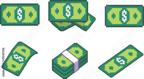 Green Pixel Art Money Banknotes vector Set with Various Cash Stacks and Dollar Bills for Retro Video Games