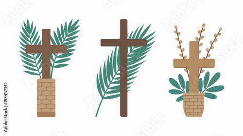 Three brown wooden crosses with green palm leaves and branches in wicker pots on white background for easter or palm sunday