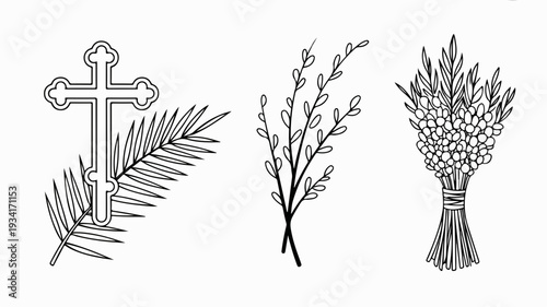 Palm leaves wheat and christian cross symbols for faith spirituality and harvest
