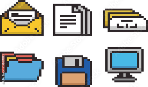 Retro Pixel Art Office and Computer Icons Set with Envelope, Files, Folder, Floppy Disk and Monitor