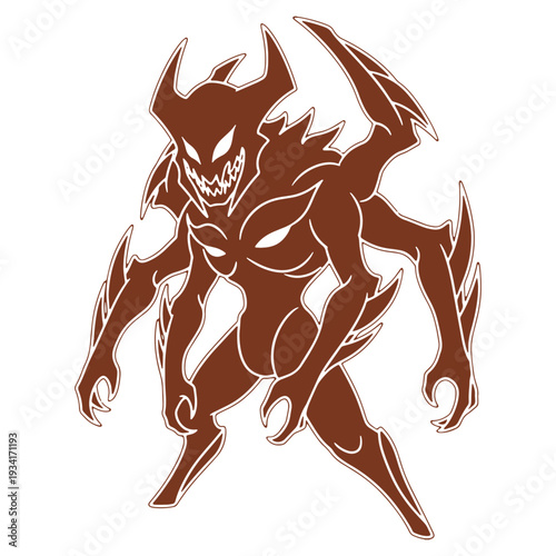 Terrifying Brown Demon Silhouette with Four Arms and Spikes Ready for Battle Halloween Illustration