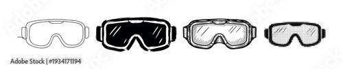 Four distinct styles of modern virtual reality goggles are depicted in a black and white illustration.