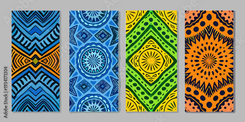 Four vibrant vertically oriented panels showcasing diverse geometric patterns