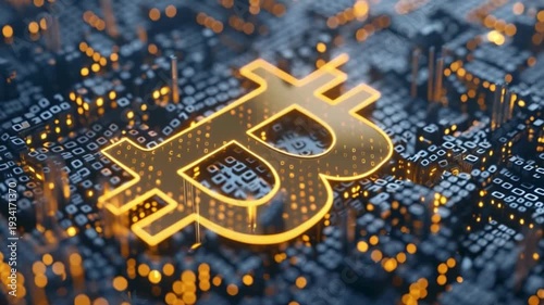 Golden Bitcoin Symbol Emerging from Digital City Grid | Futuristic Cryptocurrency Concept with Glowing BTC in Urban Blockchain Network