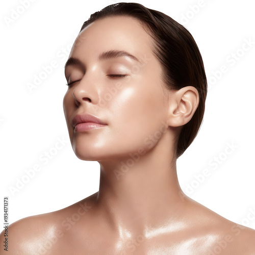 Young woman face close up glowing skin serene expression transparent background beauty portrait