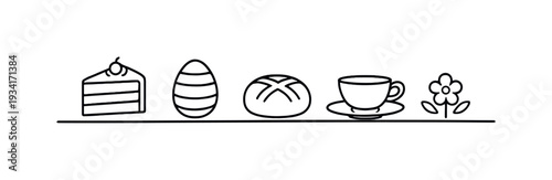 Simple line art icons of Easter treats and a flower on a white background