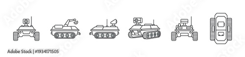 Robotic vehicles collection of line art icons representing various autonomous machines for exploration and tasks.
