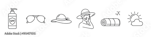 Sun protection items, including hats and sunscreen, are shown as minimalist line art icons for summer safety.