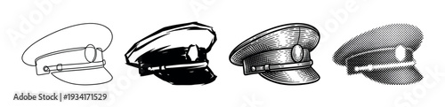 Four different peaked cap illustrations presented in distinct artistic styles including outline, silhouette, engraving, and halftone.