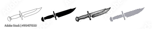 Combat knife icons are presented in a diverse collection of graphic styles and artistic interpretations.
