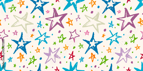 Colorful hand drawn stars scattered across a cream colored background