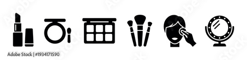 Makeup and beauty icons collection representing various cosmetic products and application tools for personal care.