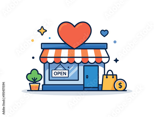 Charming storefront with a heart on top, symbolizing love for business and shopping