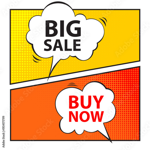 Vector set comic book style banners for retail. Features "BIG SALE" and "BUY NOW" text inside white jagged explosive speech bubbles. Dynamic pop art design with bold black outlines