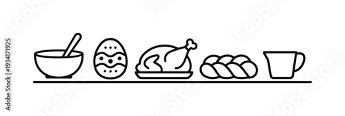 Collection of holiday meal icons including a roasted chicken, challah bread, and Easter egg