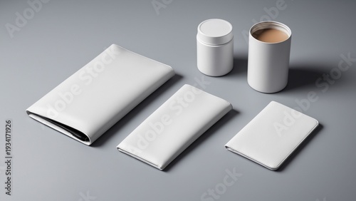 周囲にテキスト余白を確保した無地製品モックとアクセント小物のミニマル広告ビジュアル