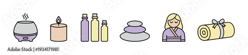 Spa and wellness icons representing relaxation and self-care, featuring an aromatherapy diffuser, candle, essential oils, and massage stones.