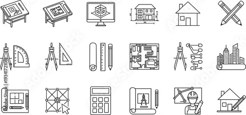 A collection of Icon illustrations depicting various office supplies and tools on a desk.