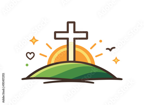 Christian cross on a hill at sunrise with sun rays, birds, and stars