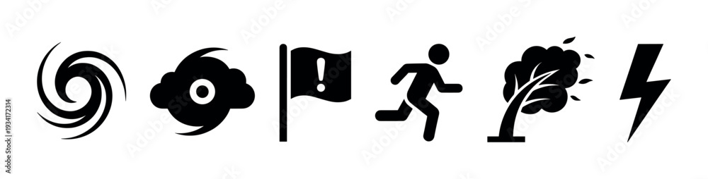 Naklejka premium Natural disaster warning icons set illustrating severe weather conditions, emergency alerts, and safety precautions.