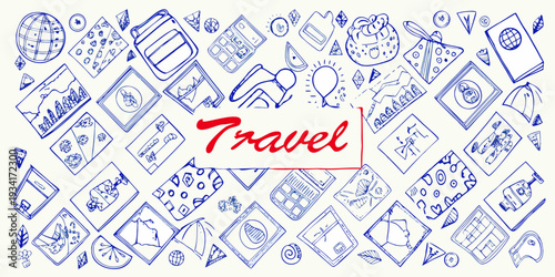 Hand drawn travel doodles including icons of destinations and accessories