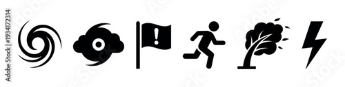 Natural disaster warning icons set illustrating severe weather conditions, emergency alerts, and safety precautions.