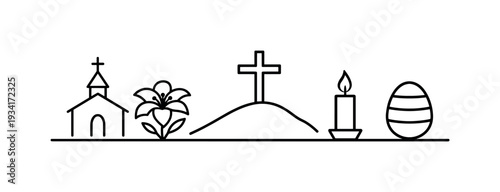Easter symbols including church, lily, cross on hill, candle, and decorated egg