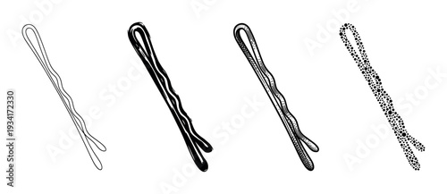 Four different bobby pin illustrations in various styles depicting hair accessories for beauty and fashion concepts.