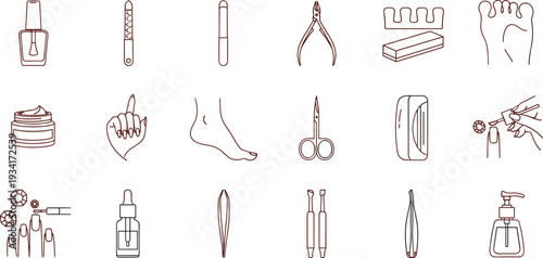 Various beauty icons including nail care tools and products displayed.