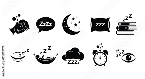 A collection of black and white sleep-related icons on a white background with various symbols and objects.