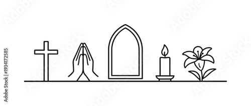 Christian religious symbols including cross, praying hands, candle, lily, and church window