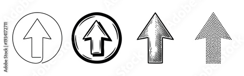 Four distinct upward arrows pointing in various styles represent concepts of growth, direction, and progress.