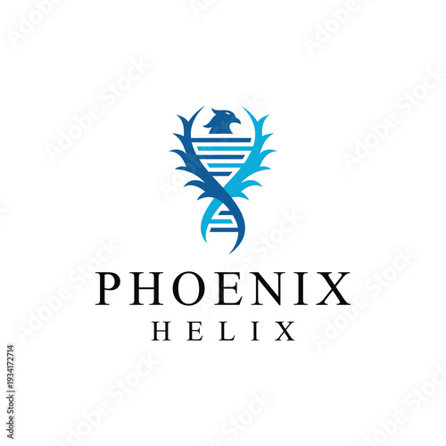 Flying bird phoenix with helix gene DNA logo design inspiration