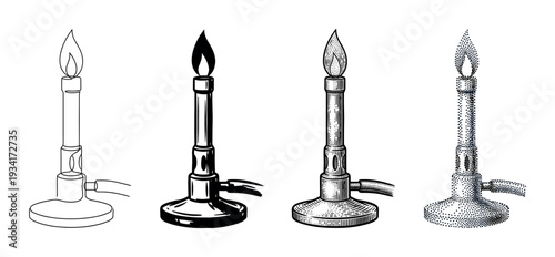 Bunsen burner scientific laboratory equipment illustration set featuring diverse artistic styles for educational and design purposes.