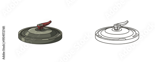 Circular anti-tank landmine presented in two different drawing styles with gray and white colors used for military defense and explosive operations during combat