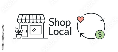 Shop Local icon with store, heart, and dollar sign cycle for community support