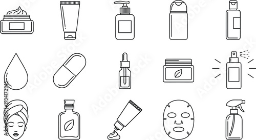 A collection of various Icon skincare product illustrations and beauty items