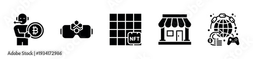 Blockchain technology icons illustrating cryptocurrency, virtual reality, NFTs, and global digital commerce.
