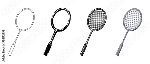 Badminton rackets vector illustration set showcasing diverse artistic styles perfect for sports and recreation design projects.