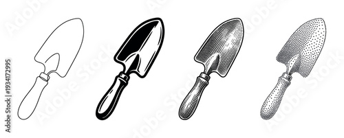 Four garden trowel illustrations showcase different artistic styles, ideal for horticultural designs and agricultural projects.