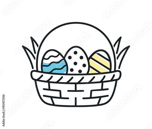 Simple line art illustration of a basket filled with three decorated Easter eggs and grass