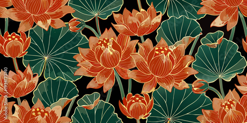 A seamless pattern of vibrant orange lotus flowers and lush green leaves