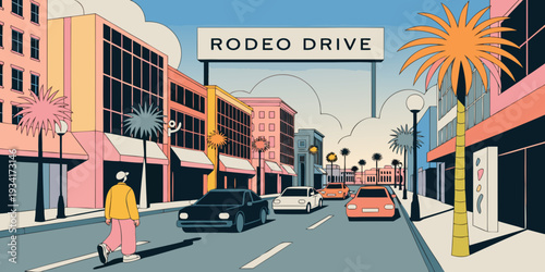 USA, US, U.S, United States - Rodeo Drive Luxury Shopping Street – Pastel Gradient Cinematic Vector Design for USA California Fashion & Boutique Themes
