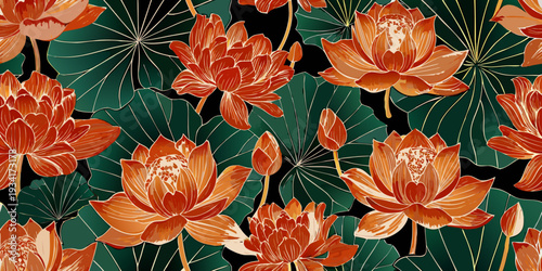 A vibrant seamless pattern of orange lotus flowers and green leaves