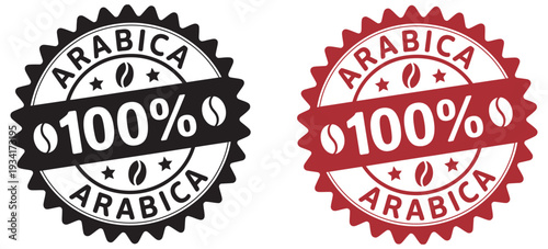 100% Arabica coffee stamp, circular badge vector, coffee branding icon, isolated background, premium beverage illustration