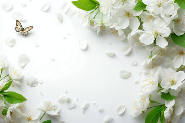 white background with white cherry blossom flowers and green leaves, a butterfly flying in the center of the frame, petals scattered around the border