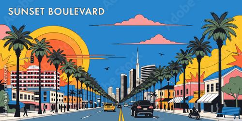 USA, US, U.S, United States - Sunset boulevard road illustration, ultra-wide flat vector, travel poster style
