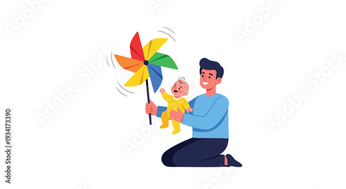 A man kneeling and holding a baby while grasping a colorful pinwheel on a white background with a playful mood.