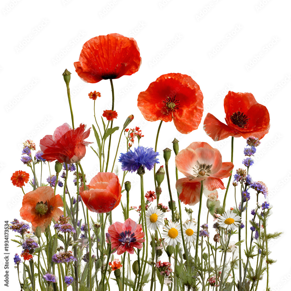 Fototapeta premium Vibrant red and orange poppies blooming in wildflower meadow under bright sunlight